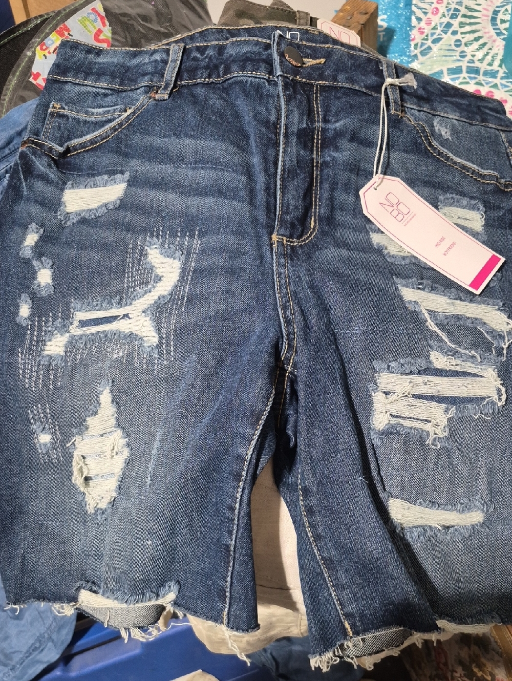 No Boundaries Distressed Dark Blue Cropped Denim Shorts